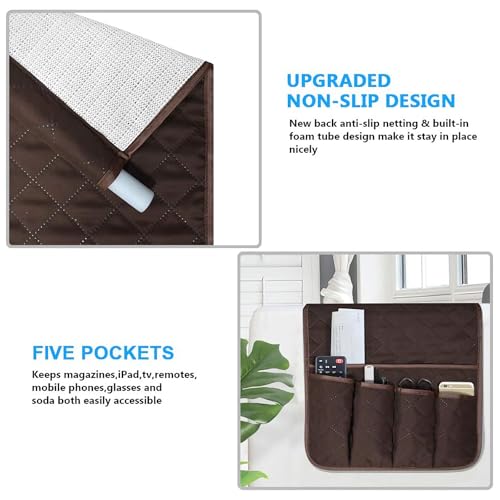 AUVCAS Sofa Armrest Organizer Non-Slip Arm Chair Bedside Storage Caddy Organizer Armchair Caddy for Recliner Couch Remote Holder with 5 Pockets for Cell Phone TV Remote Control Magazines (Coffee) by AUVCAS - Image 2