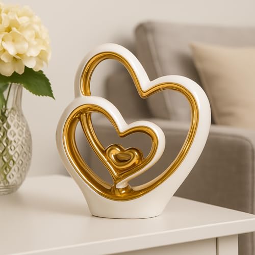 Gold Heart Ornament – Elegant Ceramic Couple Sculpture – White & Gold Tabletop Decor – Romantic Centerpiece for Living Room, Bedroom or Office – Anniversary or Valentine’s Gift - Image 3