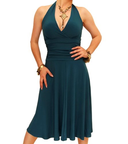 Image of Blue Banana Women's Halter Neck Knee Length Fit and Flare Dress - Teal Size 14
