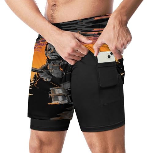 Mens Beachwear Trunks Halloween Michael Myers Swim Shorts with Mesh Comfy Swimwear Swim Trunks Bathing Suits