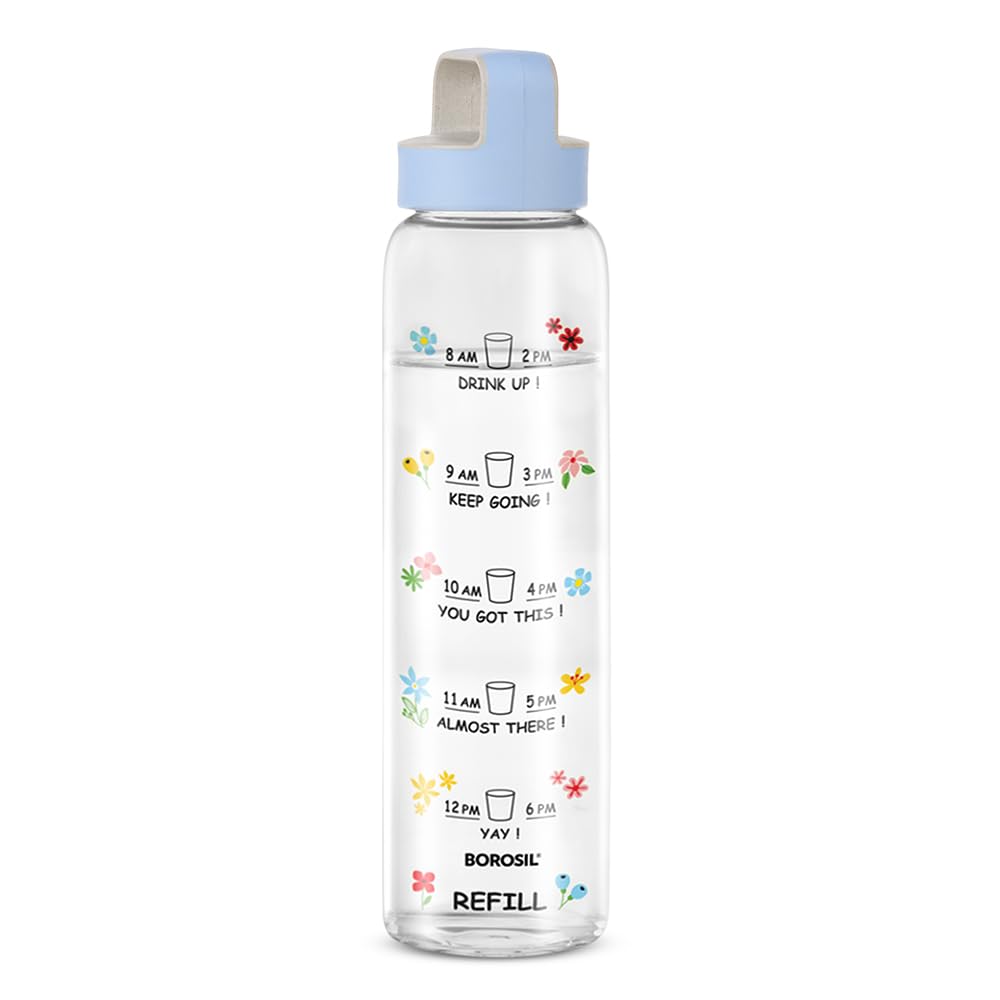 Borosil 1000ml Neo Motivational Time Marker Bottle with Blue Husk Lid | Borosilicate Glass Wide Mouth AM PM Bottle for Fridge | Extreme Temperature Resistant For Hot & Cold Water, Milk, Lassi, Juice