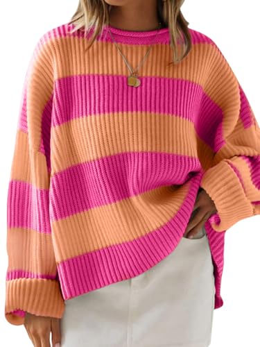 Simier Fariry Women Fall Oversized Pullover Sweater Drop Shoulder Long Sleeve Comfy Knitwear Retro Stripe Casual Outfit 2025