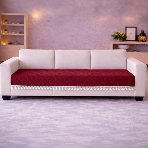Image of Cortina Velvet Sofa Cover with Tassels | Sofa Couch Protector | Machine Washable Sofa Topper (Red, 3 Seater)