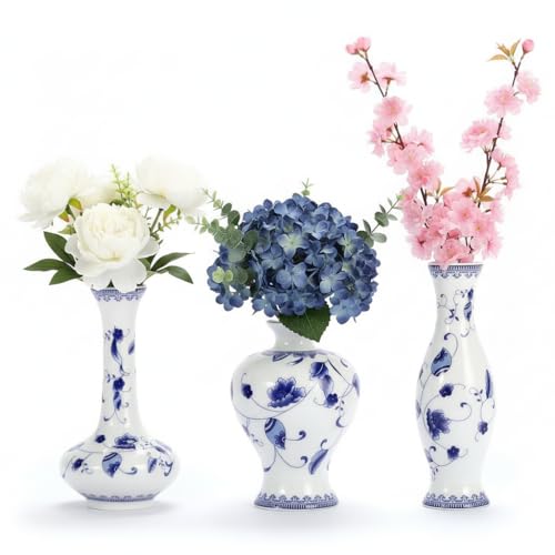 LoveCat Chinese Ceramic Vase Set - Small Blue and White Porcelain Vases, Fambe Glaze Porcelain Vases Set of 3, Classic Ceramic Flower Vases for Home Table,Bookshelf, Cupboard Décor