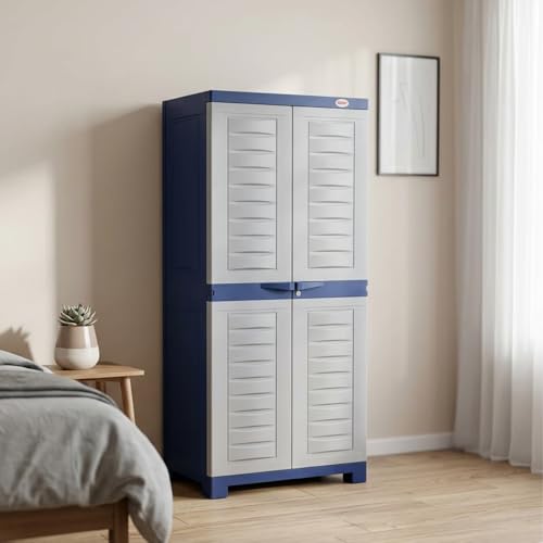 Image of Supreme Furniture Fusion 02 Multipurpose Plastic Cupboard | 40-Months Warranty* |2 Door Tall Storage Cabinet with 3 Adjustable Shelves & Center Lock | Big Water Organiser for Bedroom| DIY | Blue Grey