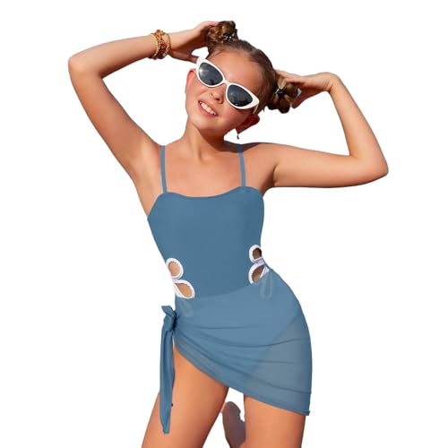 Traje de baño para niñas con Tirantes Ajustables, 1 Pieza de Escote Redondo, Color Liso, con Recortes y 1 Bufanda de Seda, de Resistente al Cloro, Transpirable y protección Solar