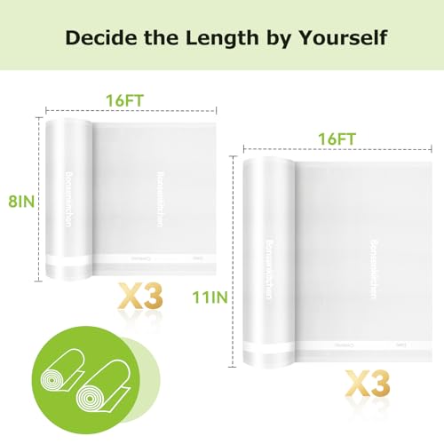 Image of Bonsenkitchen Vacuum Sealer Rolls Bags, 6 Pack 3 Rolls 11 inch x 16' + 3 Rolls 8 inch x 16',Commercial Grade, Heavy Duty, BPA Free, Food Storage Bags