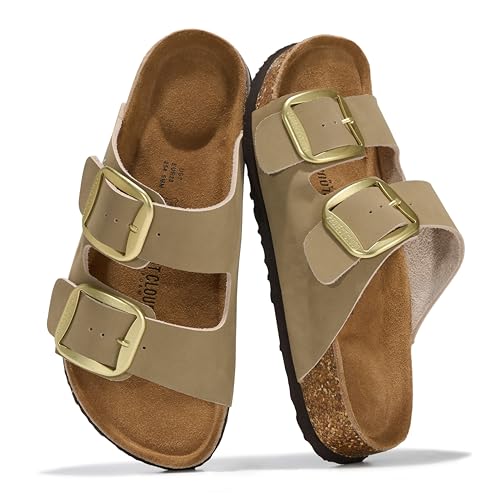 Image of Project Cloud 100% Genuine Leather Footbed Sandals for Women 2026 Comfortable Beach Essentials Womens Sandals Memory Foam Vacation Essentials Slides for Women Footwear (Santorini)