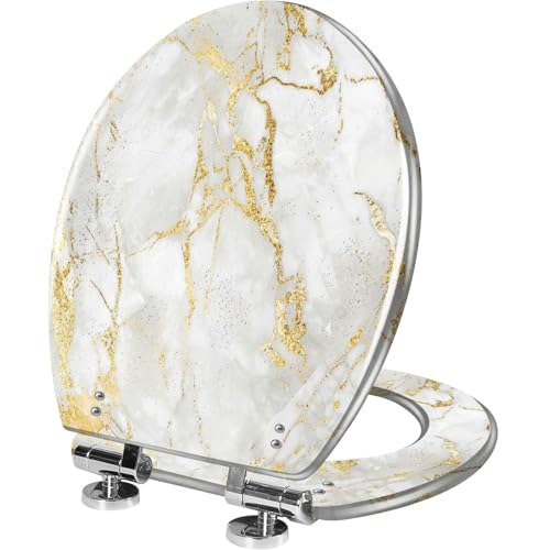 Elongated Toilet Seat White gold marble luxury wall texture shine golden line pattern Resin Toilet Seat Quietly Close Quick Release Hinges Decorative Toilet Seat with Cover Easy to Install