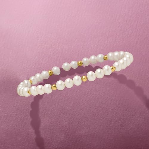 Pure Collection by Ross-Simons 4-5mm Cultured Pearl and 14kt Yellow Gold Bead Stretch Bracelet3