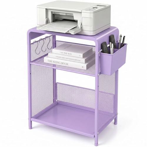 ECOLOVI 3 Tier Printer Stand for Under Desk Height Adjustable Shelf Small Printer Table with 3 S-Hooks & Basket Heavy Duty Industrial Storage Shelf for Home Office (Purple Metal)