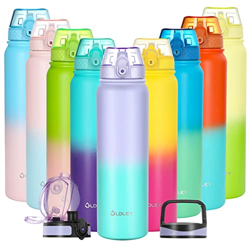 Oldley Insulated Water Bottle with Straw 32oz Stainless Steel Water Bottles with 3 lids Double-Wall Vacuum Thermal for Kids Adults School Sports, Purple green