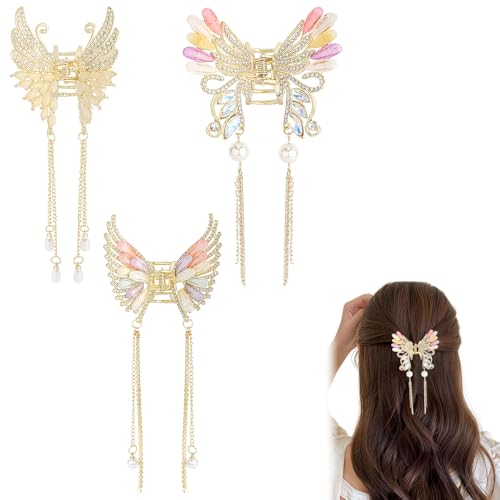 3pcs Butterfly Hair Claw Clips with Tassel Metal Gold Butterfly Hair Clips Hair Chains Hair Styling Fairy Accessories for Women Girls