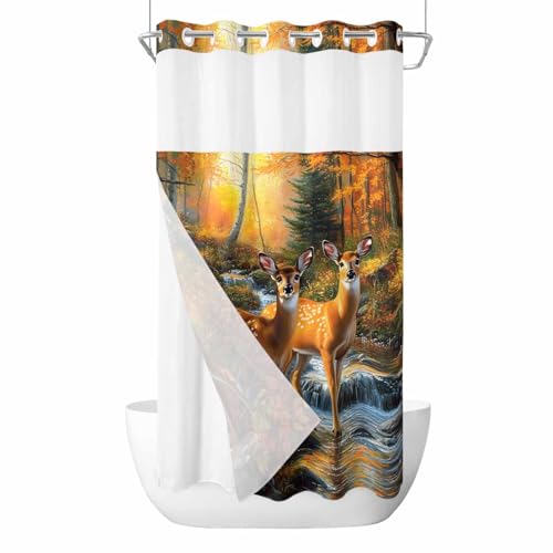 BOHOOSKYLAR Forest Nature No Hook Shower Curtain with Snap in Liner Scenery Deer River Tree Rock Waterproof Bathroom Shower Curtain with See Through Top Window for Bathtub 36