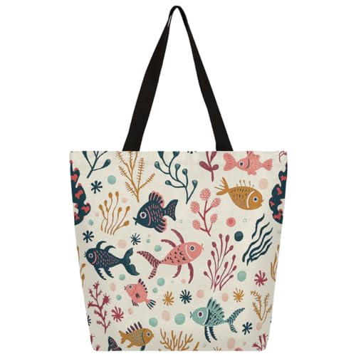 Bolsa de lona con graffiti, peces, algas marinas, bolsa de compras para la escuela, bolsas de hombro de lona para mujeres y hombres, bolso de moda