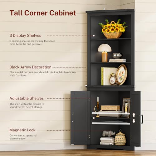 Image of TEENFON Farmhouse Corner Cabinet, 70.3 inch H Tall Corner Hutch with 5 Shelves & 2 Barn Doors, Bathroom Cabinet with Adjustable Shelf, for Living Room, Kitchen, Bathroom, Black