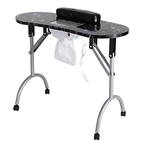 Manicure Nail Table - Portable Folding Nail Station Desk Movable Manicure Tech Table with Sliding Drawer for Home Spa Beauty Salon with Wrist Cushion, 4 Wheels, Carry Bag (35.4×28×16 IN, Black)