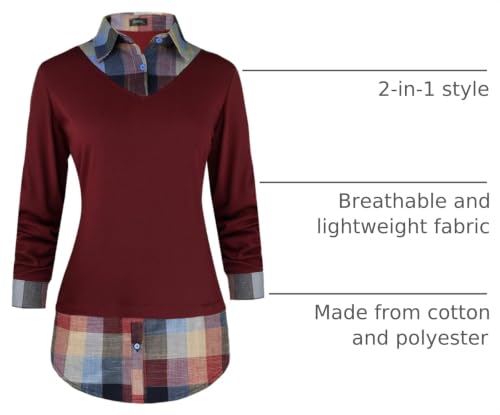 Image of Oyamiki Women's Casual Collared Curved Hem 2 in 1 Pullover Tops Plaid Contrast Shirt Blouse