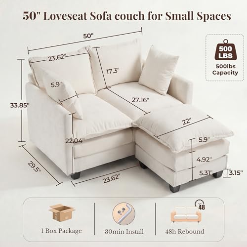 Image of Loveseat Sofa with Ottoman, Cloud 3-Layer Cushion & 27 inch Deep Seat Modern Small Couch with 2 Washable Pillows for Small Spaces, Bedroom, Apartment, Office, Living Room, in a Box, 50-Inch Beige
