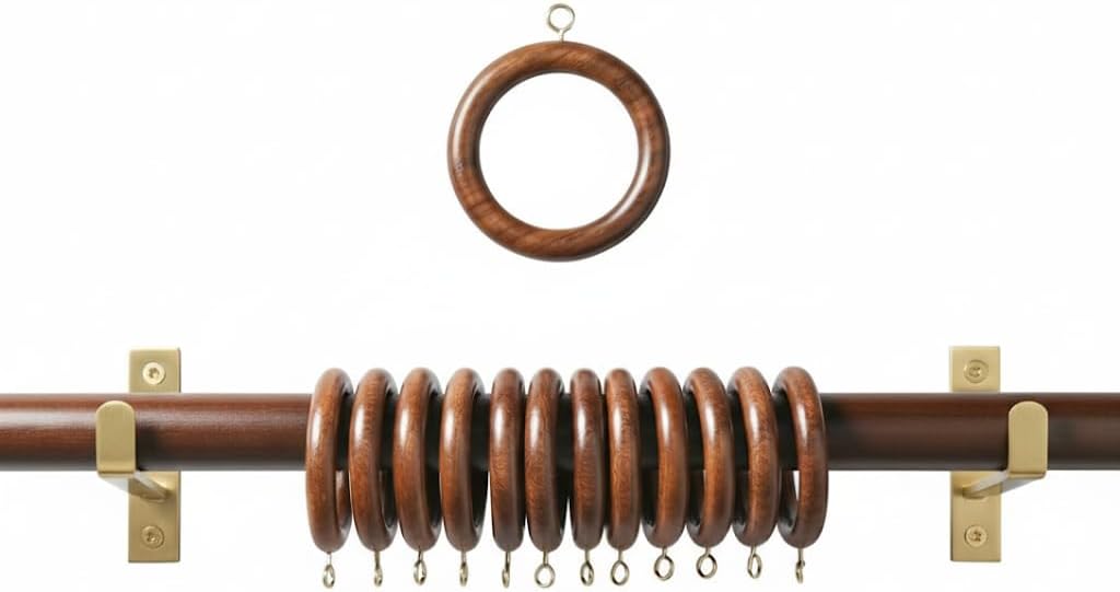 Premium Wooden Window Curtain Drapery Rings with Hooks and Clips Curtain Rod Pole(12Pcs-Inner Día 1.7 Inch, Outer Día 2.5 Inch)