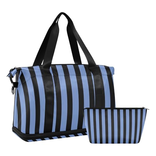 Black Blue Stripes Gym Bag for Women Sport Travel Duffel Bag Shoulder Weekender Overnight Bags with Wet Pocket & Shoe Compartment