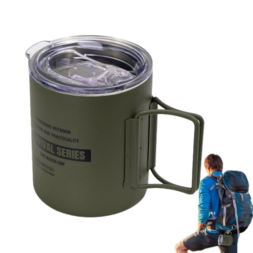 Jubilofex Taza de té de viaje, de acero inoxidable, para camping, con asa plegable y tapa, 320 ml, para senderismo, caza, pesca