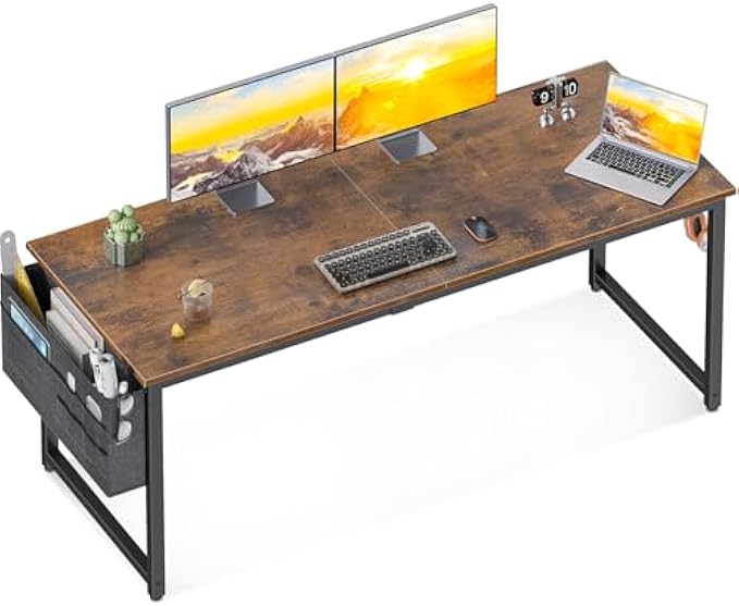 ODK Computer Desk Large Office Desk, 63 Inch Writing Desk with Storage, Modern PC Desk Work Table with Headphone Hook for Home Office, Spliced Tabletop, Rustic Brown