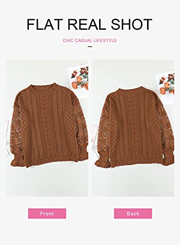 Dokotoo Womens Winter Crew Neck Sweaters Lace Crochet Long Sleeve Solid Hollow Out Autumn Basic Casual Loose Oversized Chunky Knit Pullover Sweaters Jumper Tops Brown M #TOP3