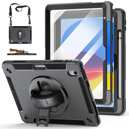 Case for iPad (A16) 11th/10th Generation Case: Protective Cover for iPad 11th Gen 11 Inch 2025 &10th Gen 10.9 2022 with Screen Protector- Stand- Shoulder Strap- Handle- Pencil Holder-Black