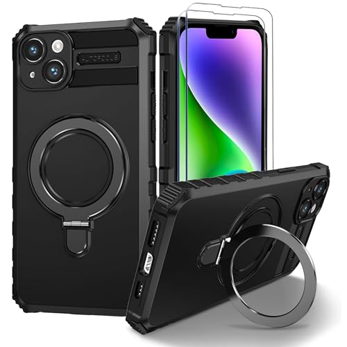 Fudley iPhone 14 Magnetic Case [Compatible with MagSafe] with 2 Tempered Glass Screen Protectors with Ring Kickstand,Military Grade Heavy Duty for iPhone 14 Case 6.1'' Black