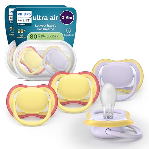Philips Avent chupetes ultra air: diseño anatómico, para bebés de 0 a 6 meses, tetina simétrica de silicona suave, sin BPA, 2 estuches esterilizadores, paquete de 4, SCF087/20