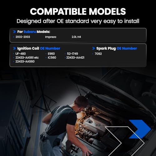 Image of 4-Pack UF480 Ignition Coils & 7092 Spark Plugs Kit Compatible with Subaru Impreza 2002-2003 H4 2.0L - Replaces 22433-AA421, 22433-AA560, 22433-AA561 & more