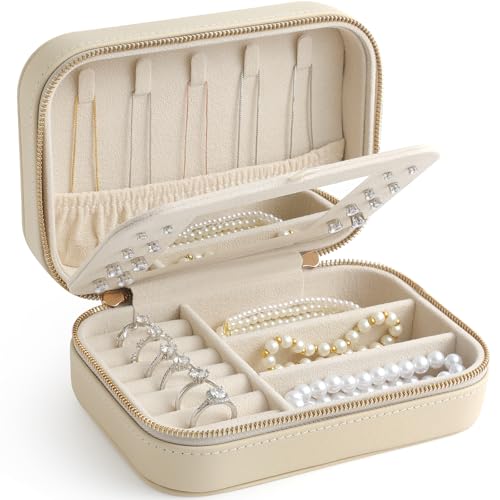 NGVRC Genuine Leather Travel Jewelry Organizer Case with Mirror for Women, Small Mini Portable Jewelry Box for Ring Earrings Necklace Bracelet Luxury Gift for Women（Beige）