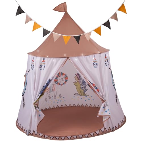 RELSY Tenda pop-up rossa a tema indiano per bambini Tepee, color bronzo caffè tenda per bambini, include 3 metri di luci LED e bandierine da 3 metri, grandi dimensioni 116 cm x 123 cm