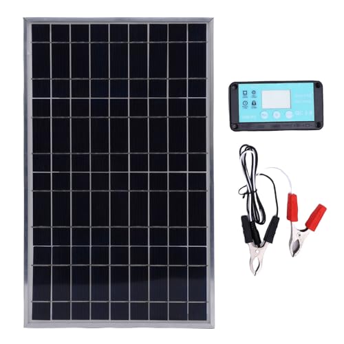 Fockety Zestaw Panel Słonecznych, 100W Monokrystaliczny Panel 12V 10-50A Słoneczny Kontroler z Klipsami Akumulatorowymi do RV, Kampera, światła Zewnętrzne, Karawana, Dom Motocyklowy