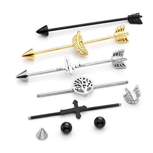 Piercingj 4-5Pcs 14G/16G Long Industrial Piercing Jewelry Stainless Steel Barbell Ear Cartilage Helix-Conch Piercing Bar Earrings Stud 38/37Mm #TOP1