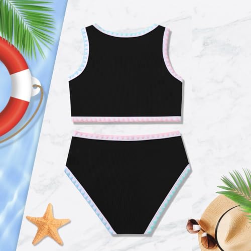 Image of Girls Bathing Suit Toddler Swimsuits 2 Piece Bikini Sets Round Neck Colorful Lace Teen Girls Swimwear 3-14T