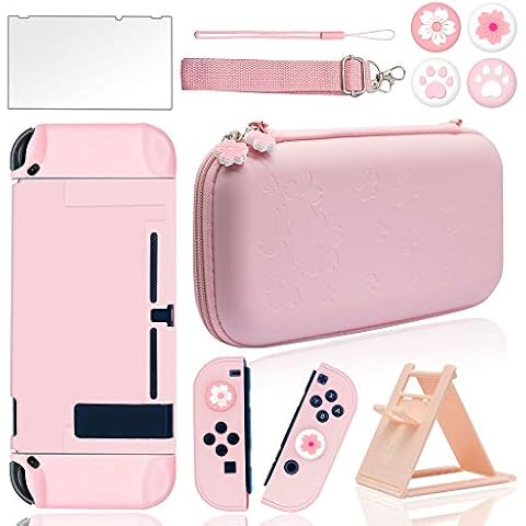 BRHE Pink Carrying Case Accessories Kit for Nintendo Switch with Protective Shell, Glass Screen Protector and Thumb Grip Caps ,10 in 1 Switch Case Travel Bundle Cover