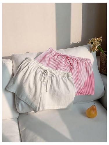 Image of MakeMeChic Women's 2 Pack Linen Shorts Striped Gingham Summer Beach Pajama Boxer Shorts