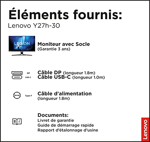 Lenovo Legion Y27h-30 - Écran Gaming 27" avec EyeSafe (2K QHD, IPS, 180Hz, 0.5ms MPRT, HDMI, Câbles DP et USB-C, FreeSync Premium, Haut-parleurs) Réglage en Inclinaison/hauteur/rotation/pivot