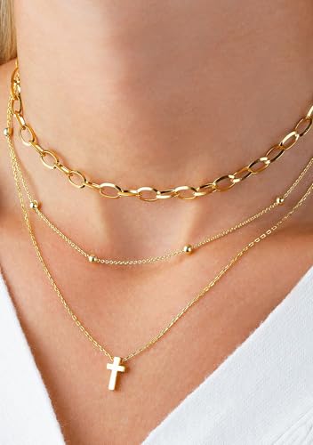 14K Gold Layered Cross Necklaces for Women,Tiny Small Sideways Cross Necklace Minimalist Christian Jewelry Gifts for Women Girls,2Pcs4