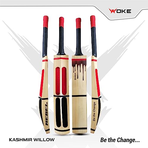 Woke Rebel Premium Kashmir Willow Scoop Cricket Bat, 34 x 4.5 inches, Full Size, Suitable for Soft/Hard Tennis Cricket Ball, for Kids/Junior/Senior/Boys/Girls & Adults (Rebel)