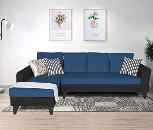 Image of Adorn India Maddox Plain Two Tone L Shape 6 Seater Sofa Set LHS (Blue & Black) (3 Year Warranty)