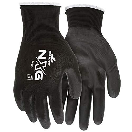 Memphis Glove MCR Safety Work Gloves 13 Gauge Black Nylon Shell, Black Polyurethane Palm and Fingers, 9669 (12 Pair) (XL)