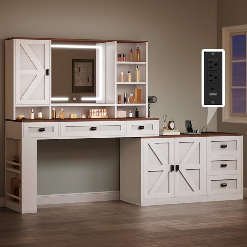 DWVO L Makeup Vanity Desk with Mirror and Lights, Farmhouse Big Lighted Vanity Table Set with 6 Drawers and Cabinet Shelves, 360° Rotation Large Dressing Table for Bedroom, White