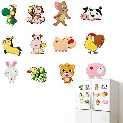 TIANLIN 12 Piezas Imanes de Nevera de Animales, Imanes de Nevera 3D de Dibujos Animados, Imanes de Nevera Adecuado para Coches, Neveras, Pizarras Blancas