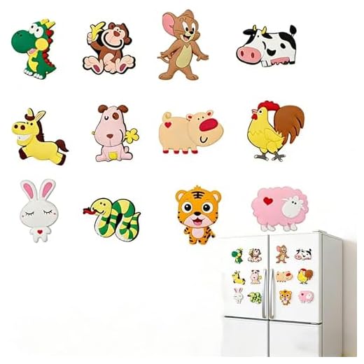 TIANLIN 12 Piezas Imanes de Nevera de Animales, Imanes de Nevera 3D de Dibujos Animados, Imanes de Nevera Adecuado para Coches, Neveras, Pizarras Blancas