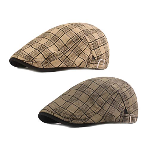 Image of Men's Plaid Striped Newsboy Ivy Flat Driving Golf Cap | Colored plaid longshoreman cap with vintage Irish design, great for driving, golf, daily outdoor casual street wear