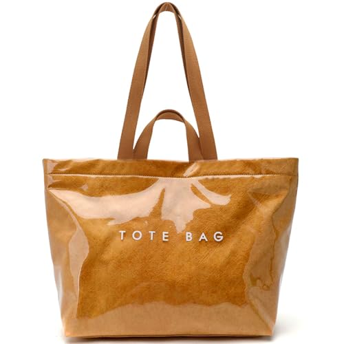 Large Tote Bags for Women,Mother's Day Gifts,PVC Totes Bag Kraft Paper Carry All Handbag Plastic Shoulder Purse Hobo Top Handle Bag for Work Travel,Waterproof Trendy Beach Totes 2025,Brown