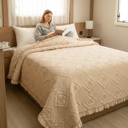 Image of BOV Beige King Size Farmhouse Comforter Set, Vintage Ruffle Quilt Bedding with Pillow Shams, French Country & Cottage Style Bedding for Shabby Chic Bedrooms, 106x96 Inches
